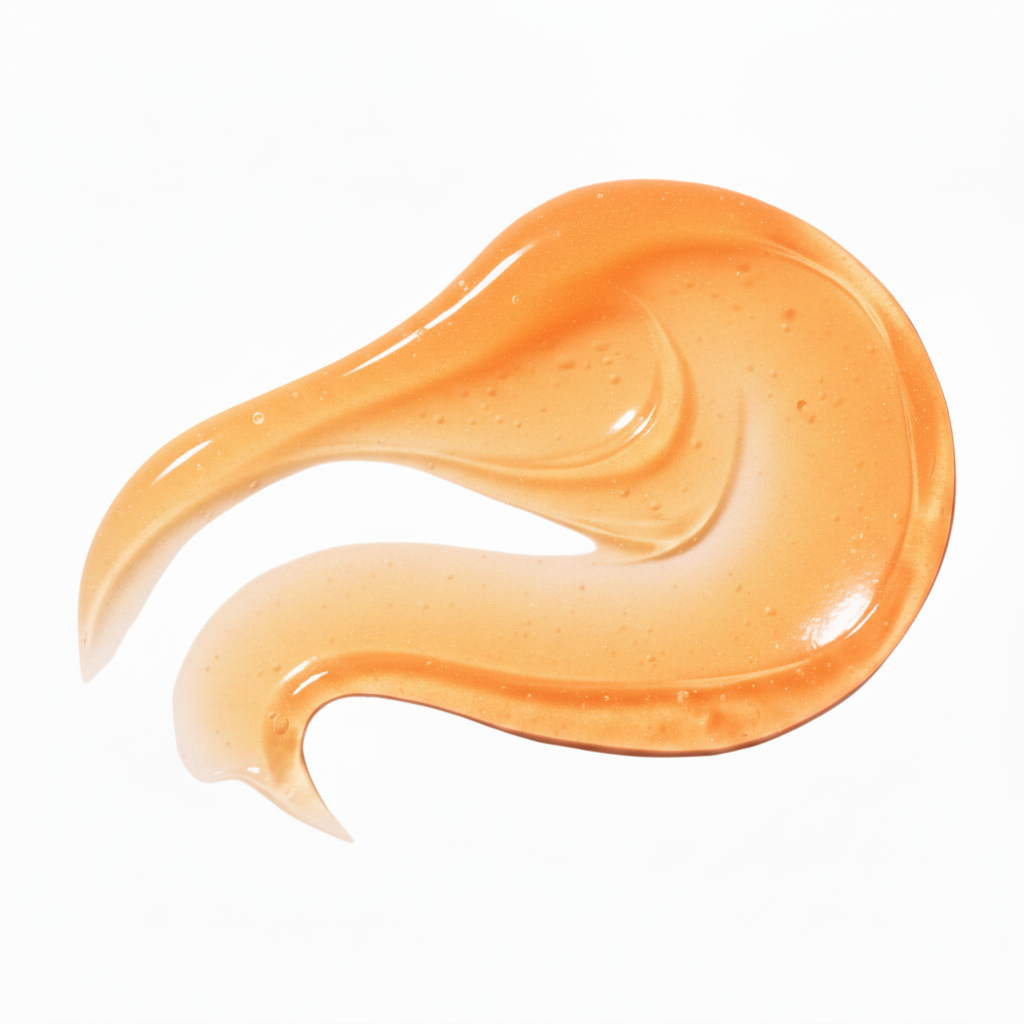 Warm peach lip oil smear with glossy high-shine finish and vibrant tropical tone