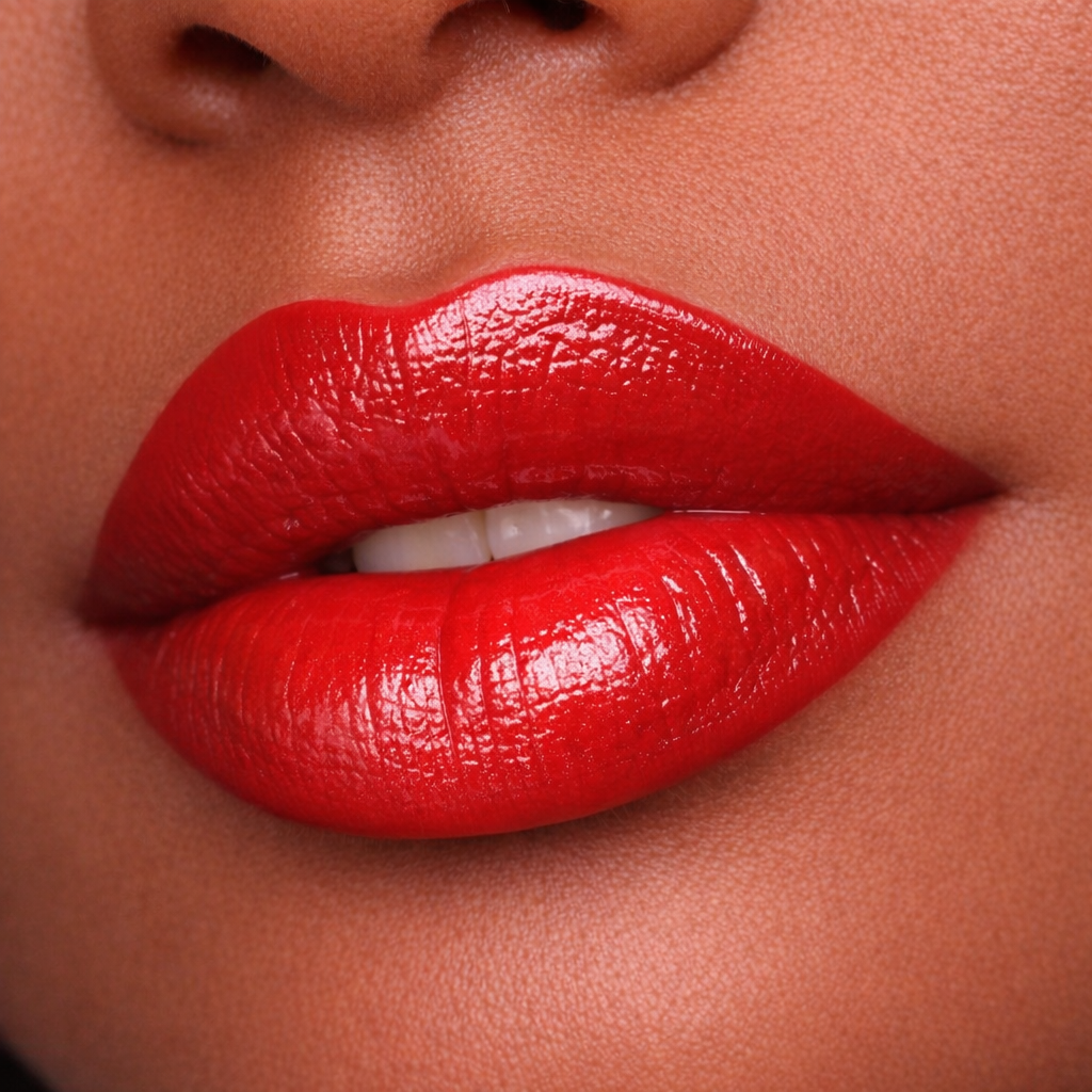 Model wearing Bella classic red cream lipstick by Tovielle Beauty timeless bold satin finish red lips