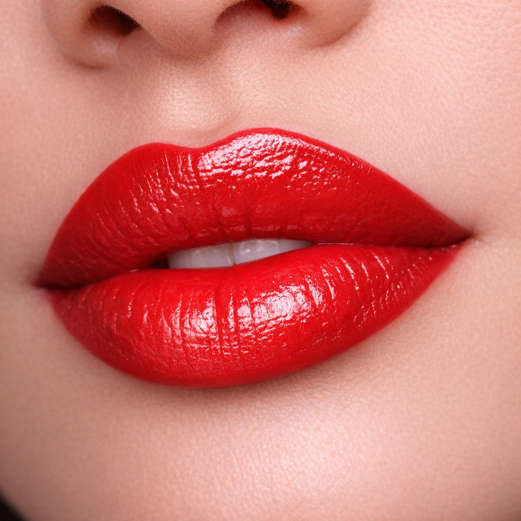 Model wearing Bella classic red cream lipstick by Tovielle Beauty timeless bold satin finish red lips