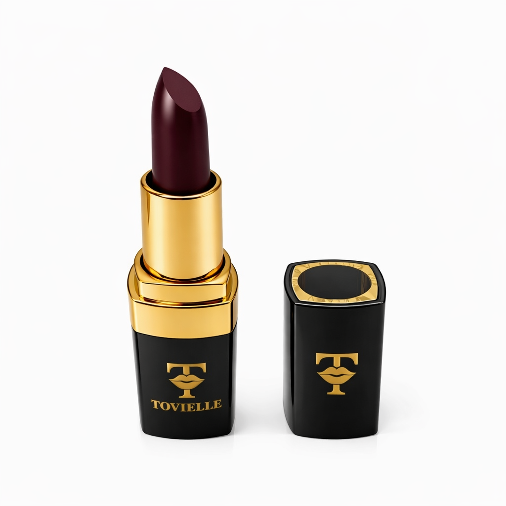 Dark Era deep wine cream lipstick by Tovielle Beauty luxury satin finish burgundy lipstick UK