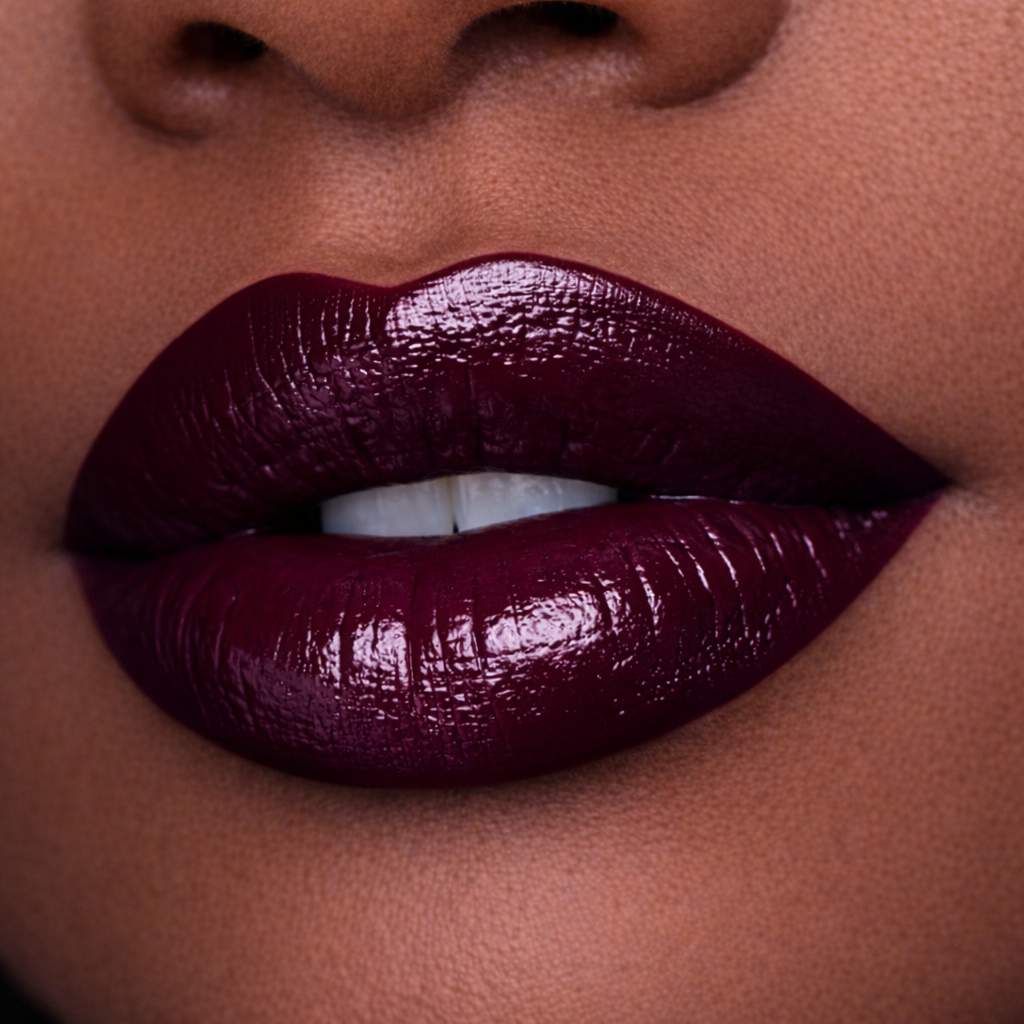 Model wearing Dark Era deep wine cream lipstick by Tovielle Beauty rich burgundy satin finish luxury lips