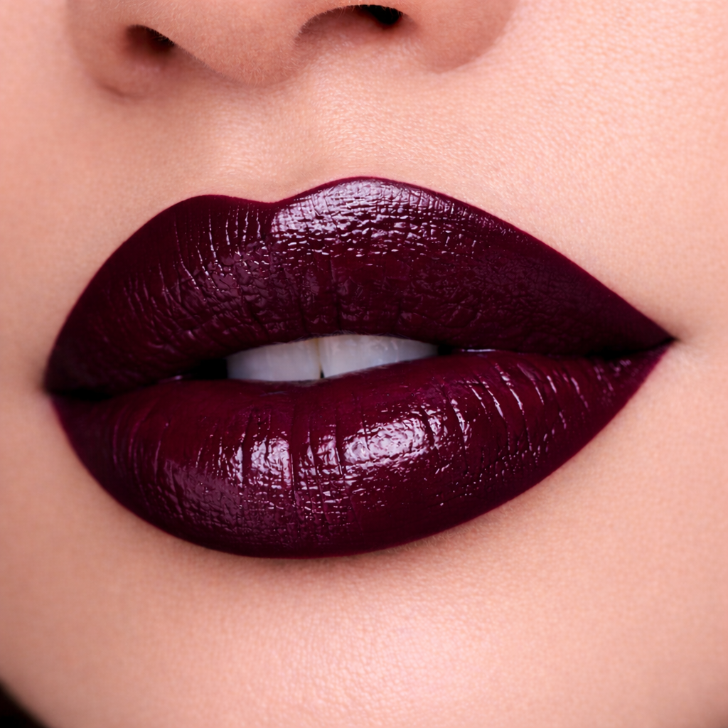 Model wearing Dark Era deep wine cream lipstick by Tovielle Beauty rich burgundy satin finish luxury lips