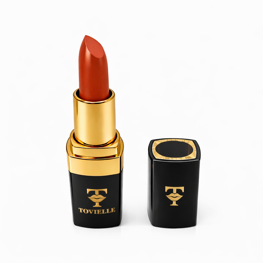 Impulsive coral red cream lipstick by Tovielle Beauty vibrant satin finish bold luxury lipstick UK