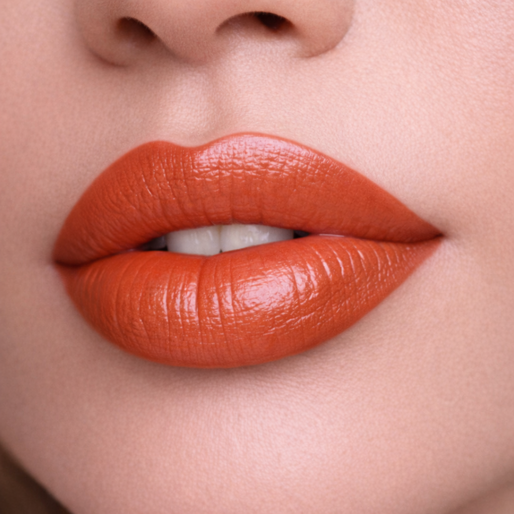 Model wearing Impulsive coral red cream lipstick by Tovielle Beauty vibrant satin finish confident lip look