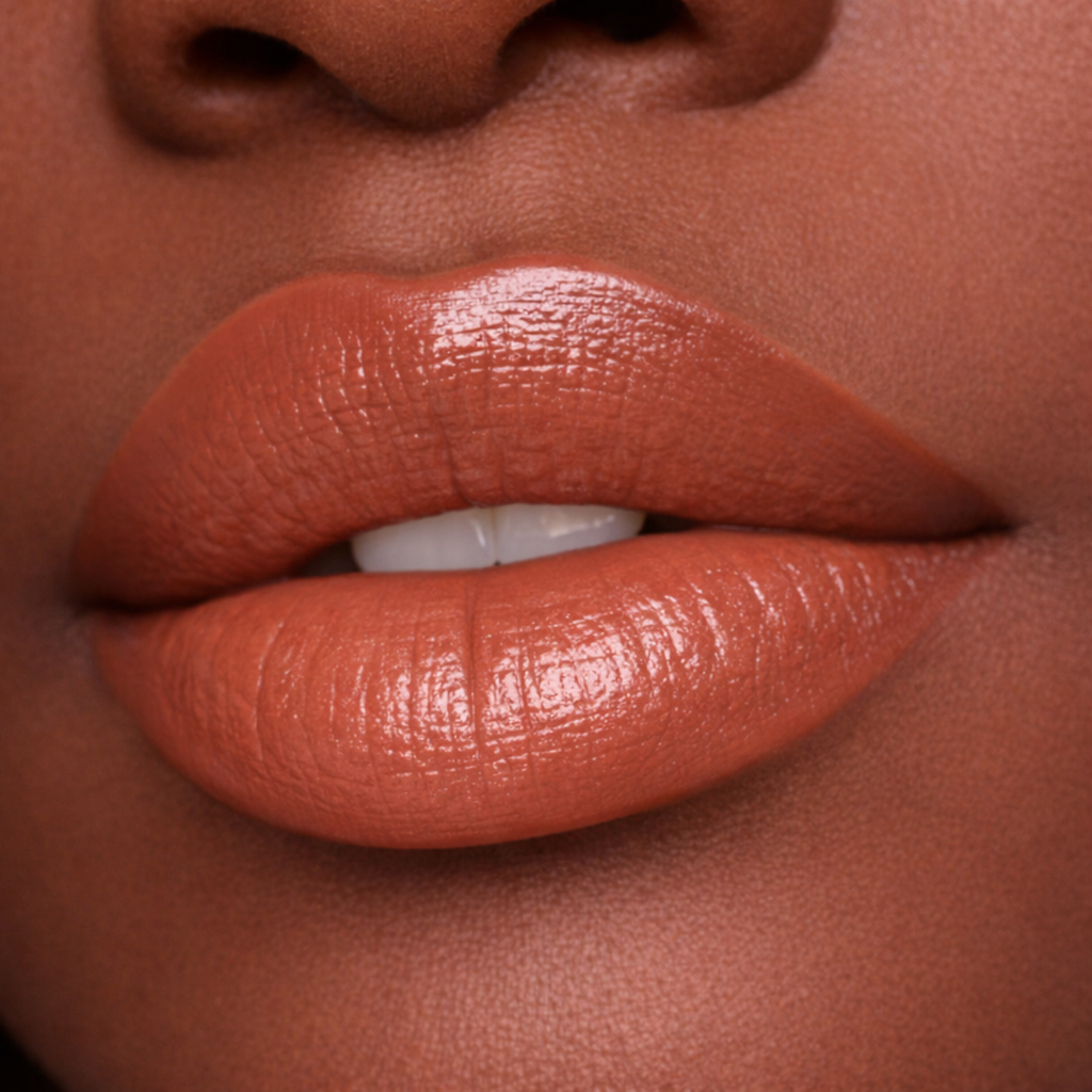 Model wearing Mink warm nude cream lipstick by Tovielle Beauty smooth brown nude satin finish lips