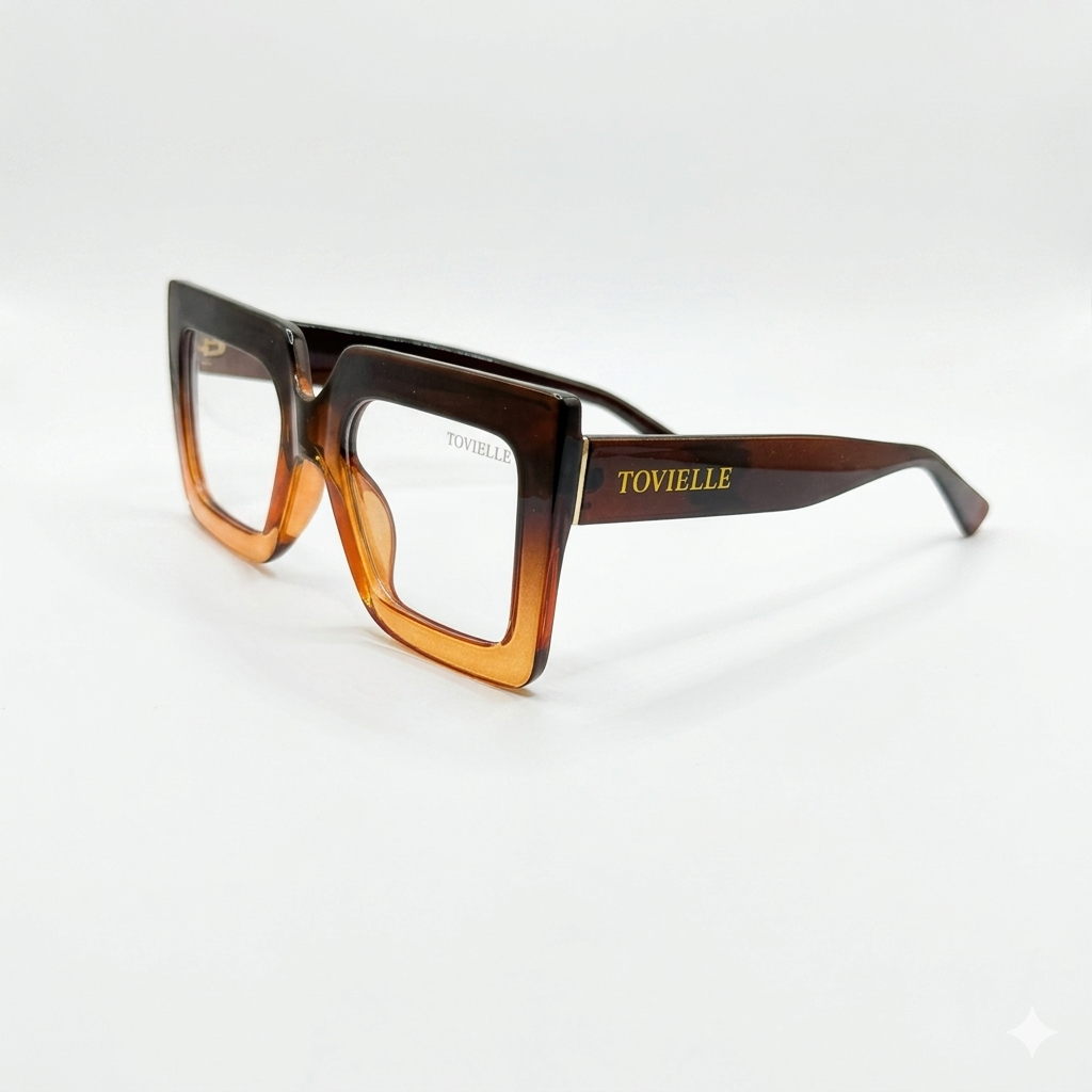 Oversized tortoise gradient Regent Amber optical glasses by Tovielle with sculpted square frame and gold hardware accents