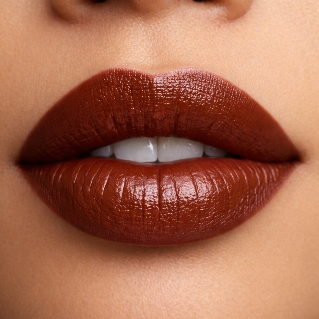Model wearing Silk nude cream lipstick by Tovielle Beauty soft natural satin finish everyday nude lips