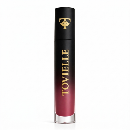Blush Veil matte lipstick in a soft rosy nude shade with a smooth velvet matte finish on lips