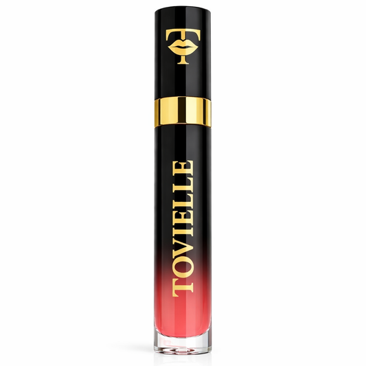 Tovielle Coral Kiss lip gloss, vibrant coral shade with a high-shine, non-sticky finish on lips