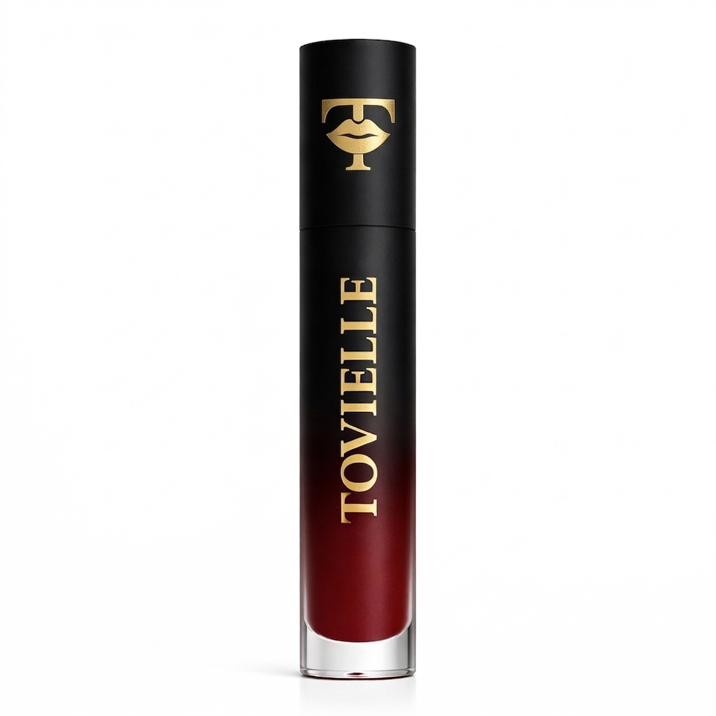 Crimson Desire matte lipstick in a bold rich red shade with a smooth velvet matte finish on lips