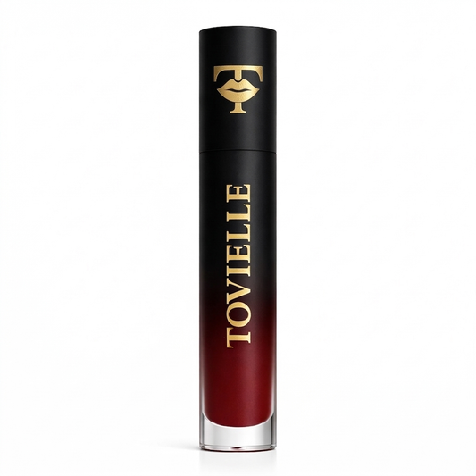 Crimson Desire matte lipstick in a bold rich red shade with a smooth velvet matte finish on lips