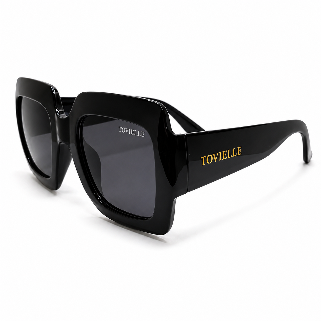 Black sunglasses with 'Tovieille' branding. Tovielle Heiress Sunglasses 