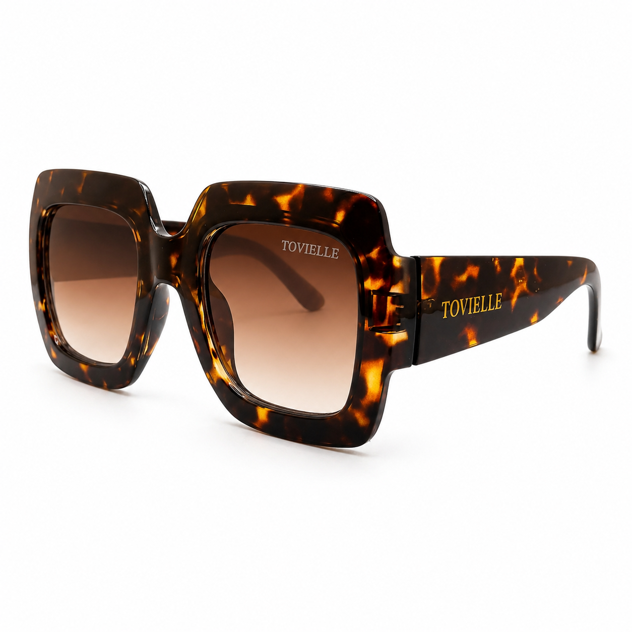 Oversized tortoiseshell Heiress sunglasses by Tovielle with warm gradient lenses and gold logo detail