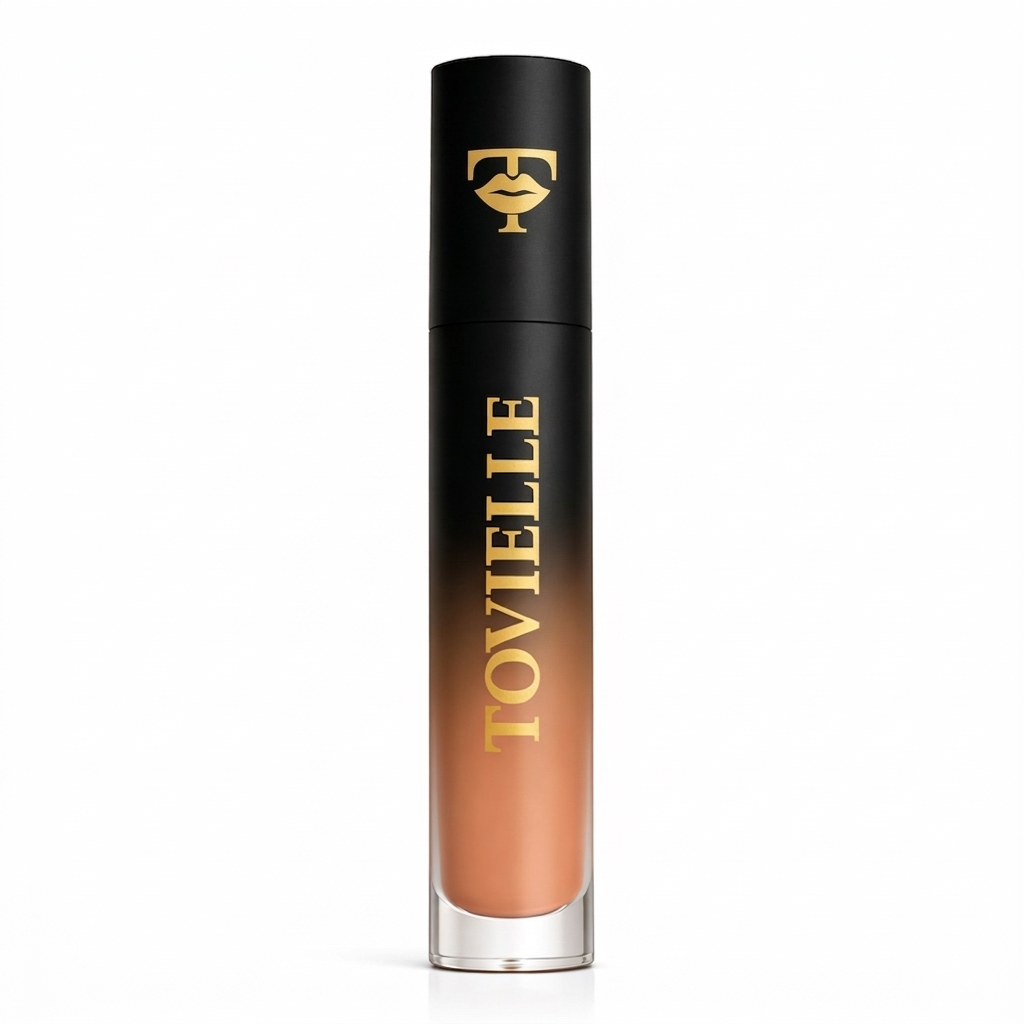 Peachy Nude matte lipstick in a soft warm nude shade with a smooth velvet matte finish on lips