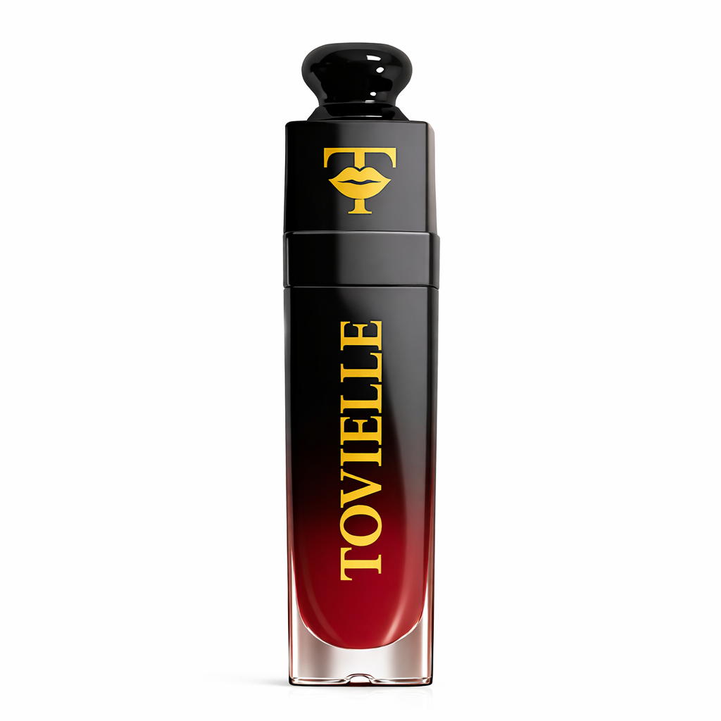 Tovielle Pomegranate lip oil glossy red pink tint on lips with high shine finish
