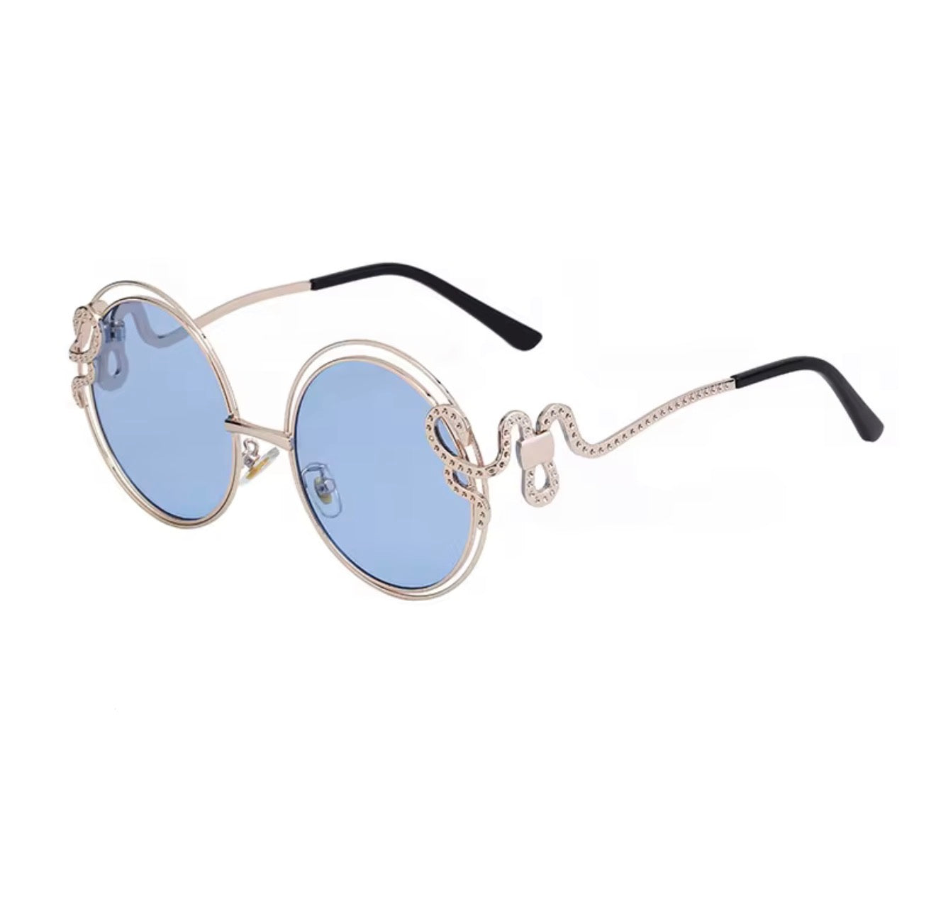 Sunglasses with blue lenses and gold frame on a white background