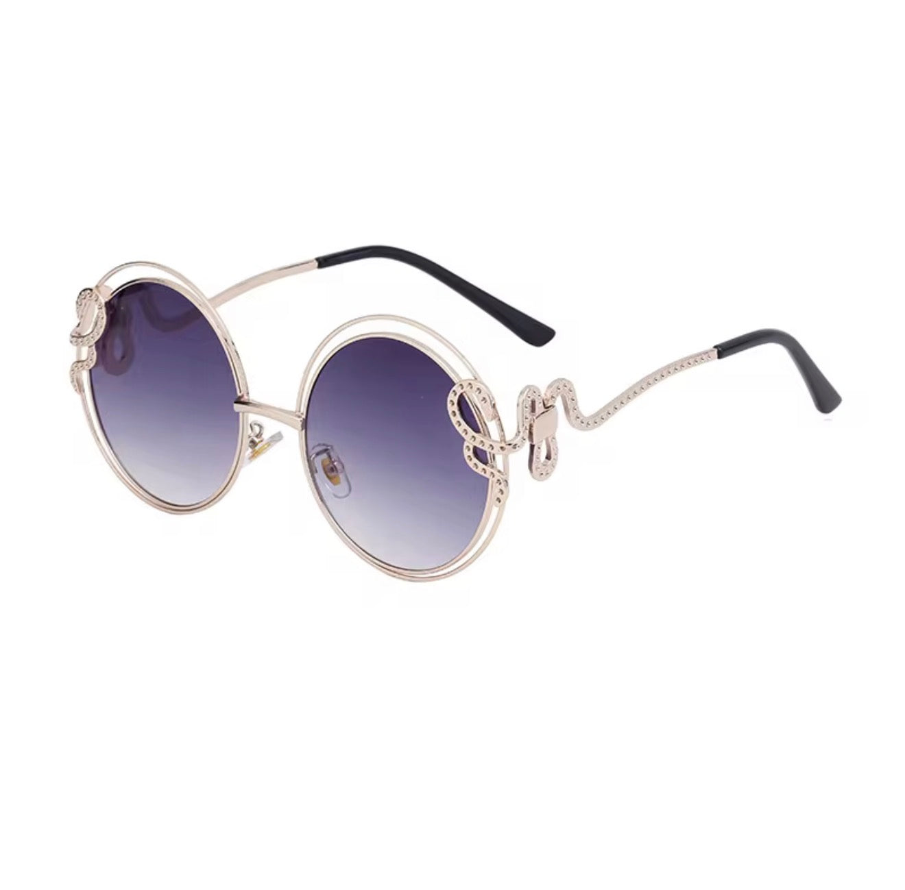 Sunglasses with a gradient purple lens on a white background
