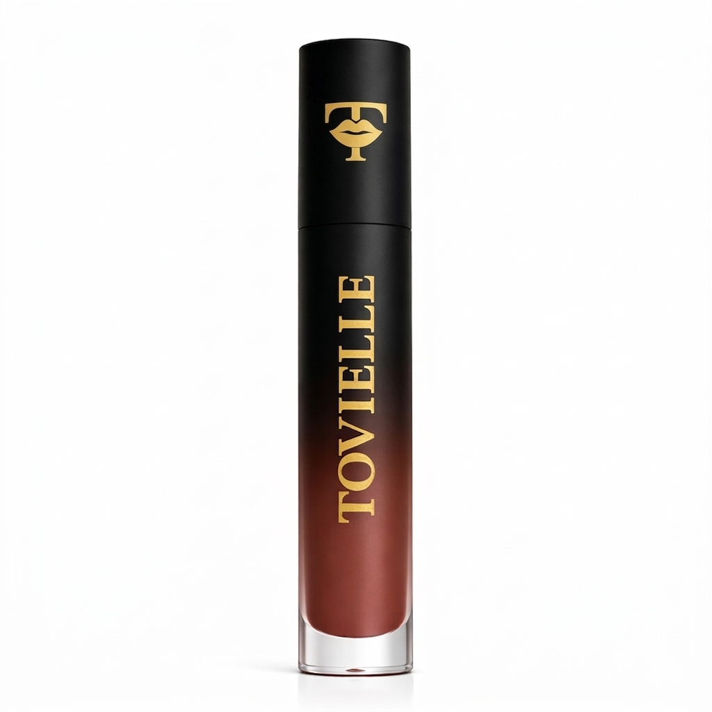 Velvet Chocolate matte lipstick in a rich deep brown shade with a smooth velvet matte finish on lips