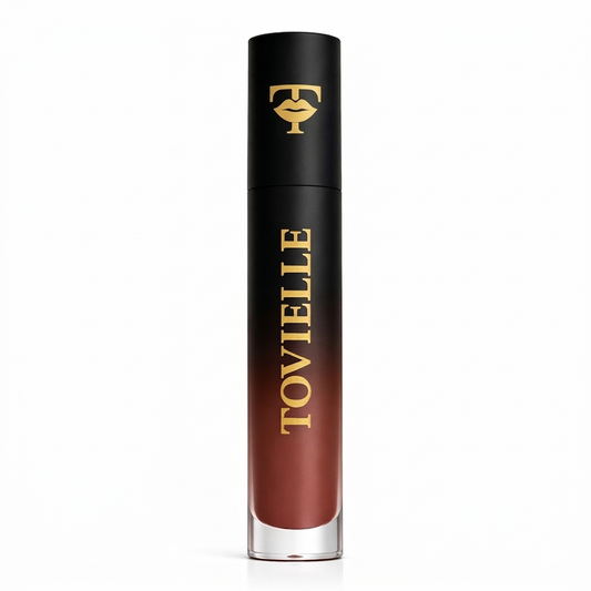 Velvet Chocolate matte lipstick in a rich deep brown shade with a smooth velvet matte finish on lips