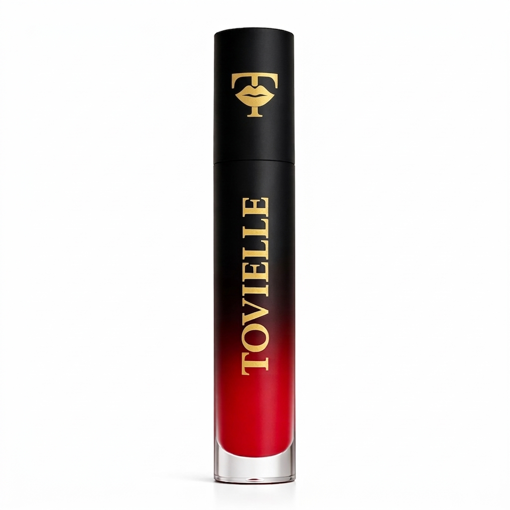Velvet Rouge matte lipstick in a rich deep red shade with a smooth velvet matte finish on lips