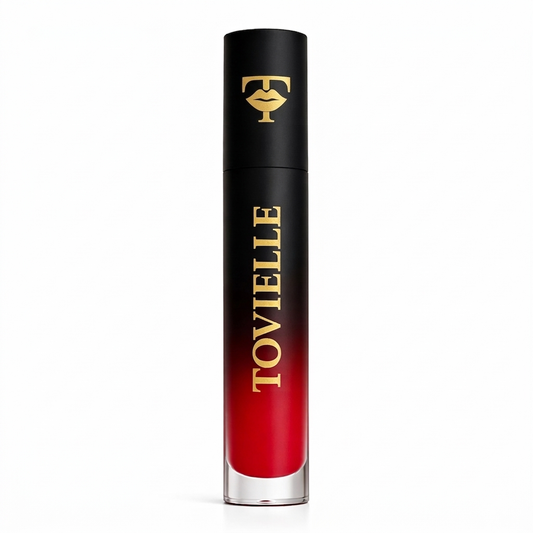 Velvet Rouge matte lipstick in a rich deep red shade with a smooth velvet matte finish on lips