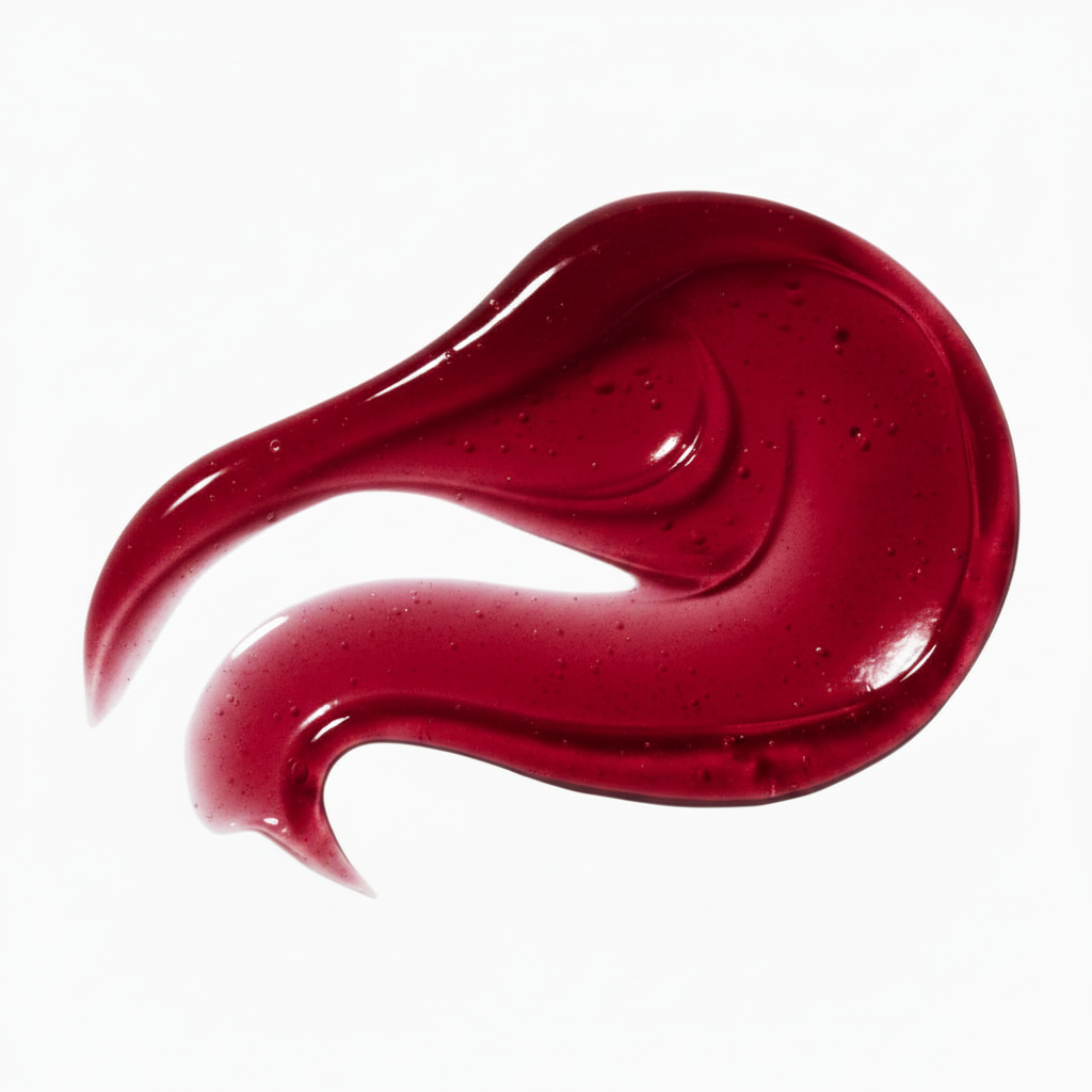 Warm maple red lip oil smear with glossy high-shine finish and syrupy tone