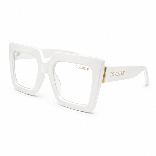 Tovielle Regent Blanc Optical ivory oversized clear lens glasses with gold logo detailing viewed at an angle on white background