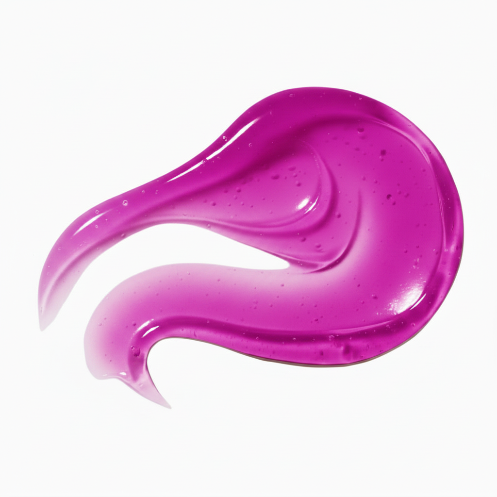 Soft cherry lip oil smear with glossy high-shine finish and warm luminous tone