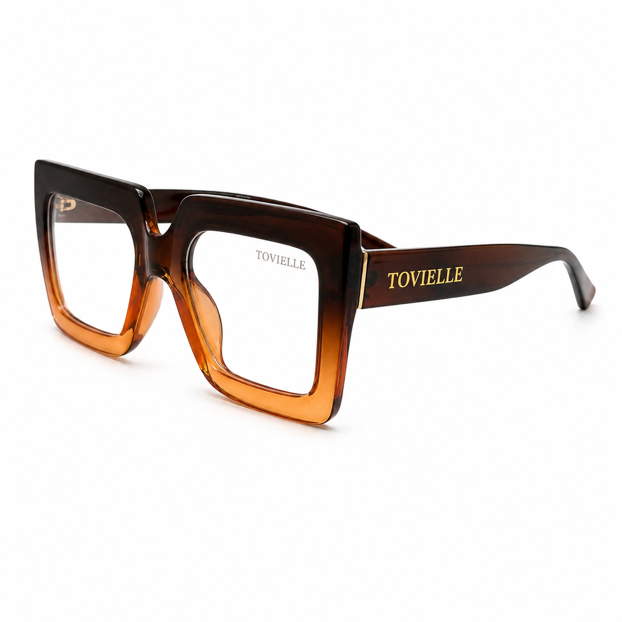 Oversized tortoise gradient Regent Amber optical glasses by Tovielle with sculpted square frame and gold hardware accents